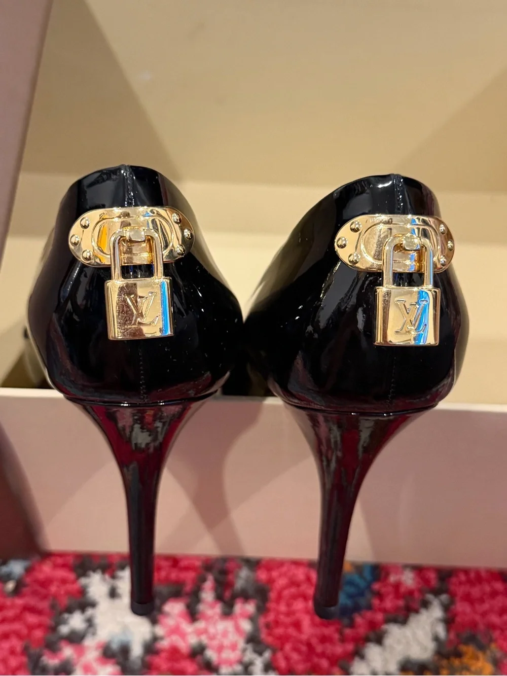 Louis Vuitton Black Patent Peep open Toe Pumps with Gold Accent